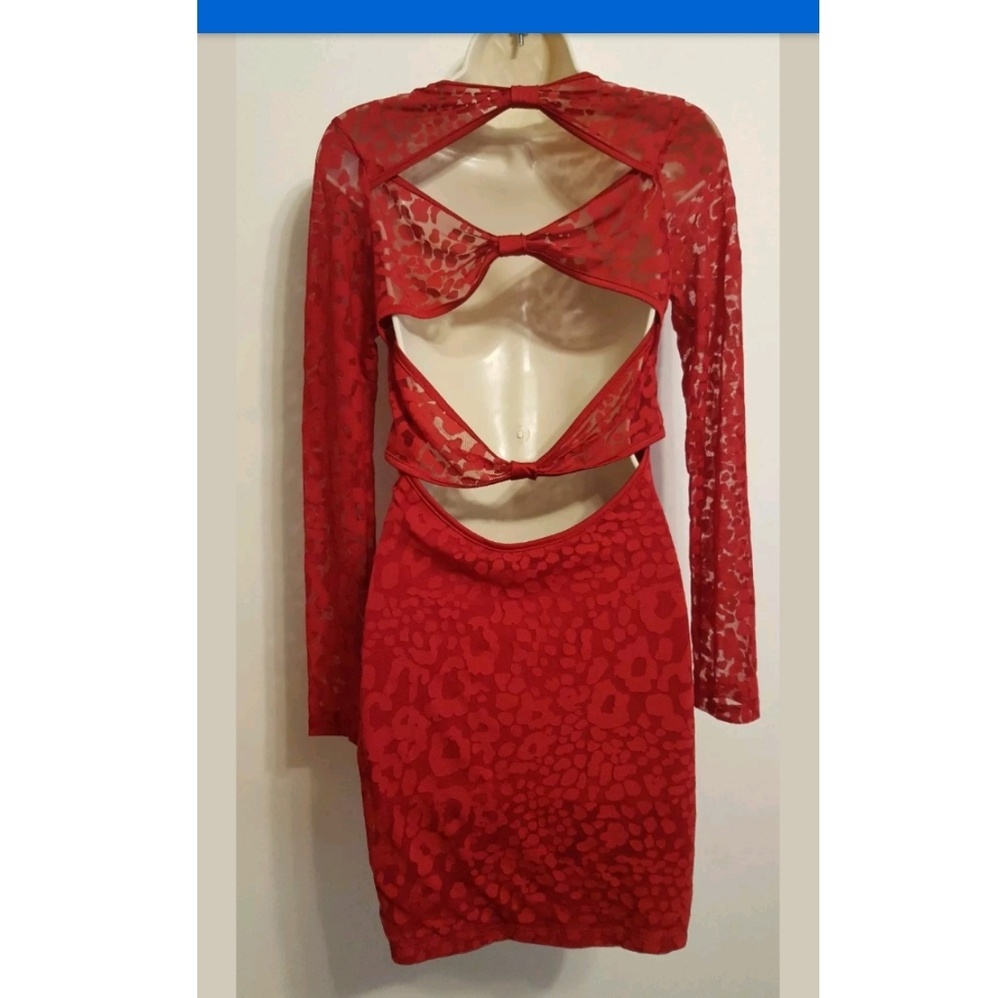 Red Long Sleeve Nighty Dress Chemise Bows Vintage